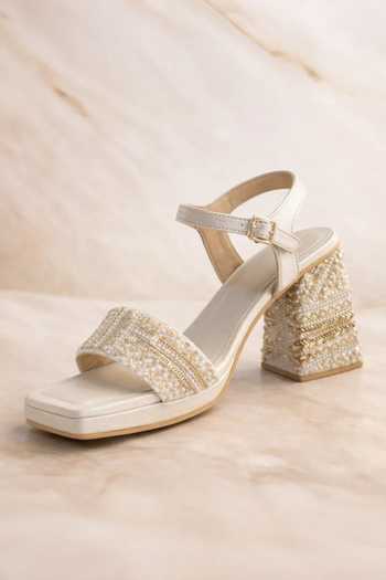 Shop_Tiesta_Gold Beads, Pearls And Embellished Block Heels _at_Aza_Fashions