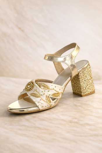Shop_Tiesta_Gold Embroidery, Beads, Zari, Glitter Block Heels _at_Aza_Fashions