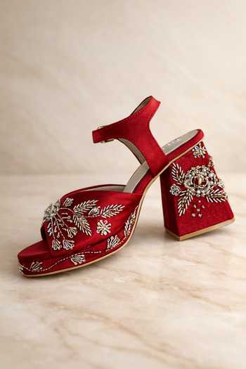 Shop_Tiesta_Red Embroidery, Beads, Pearls, Stones, Metallic Thread, Rhinestones Block Heels _at_Aza_Fashions
