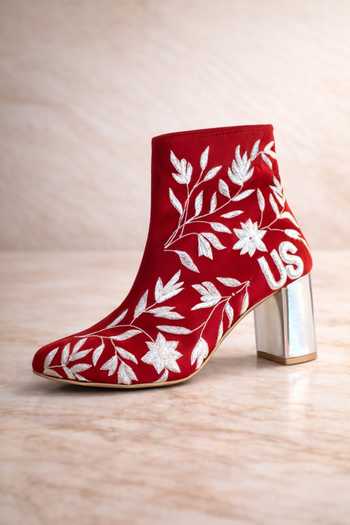 Shop_Tiesta_Red Embroidery, Metallic Thread Block Heel Ankle Boots _at_Aza_Fashions