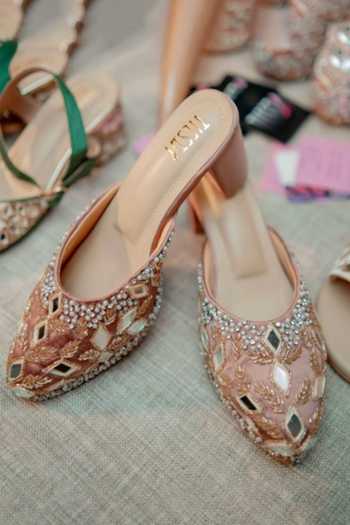 Shop_Tiesta_Rose Gold Pearls, Zari, Mirrors And Embellished Mules _at_Aza_Fashions