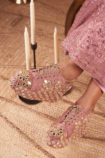 Shop_Tiesta_Mauve Blush Mirror Work Platform Sneakers _at_Aza_Fashions