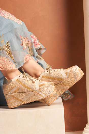Shop_Tiesta_Gold Champagne Beaded Platform Sneakers _at_Aza_Fashions