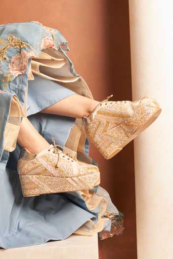 Buy_Tiesta_Gold Champagne Beaded Platform Sneakers _Online_at_Aza_Fashions