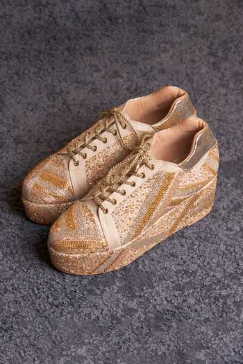 Buy_Tiesta_Gold Champagne Beaded Platform Sneakers _at_Aza_Fashions