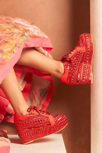 Shop_Tiesta_Red Crimson Beaded Platform Sneakers _at_Aza_Fashions