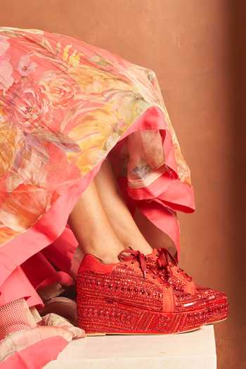Tiesta_Red Crimson Beaded Platform Sneakers _Online_at_Aza_Fashions