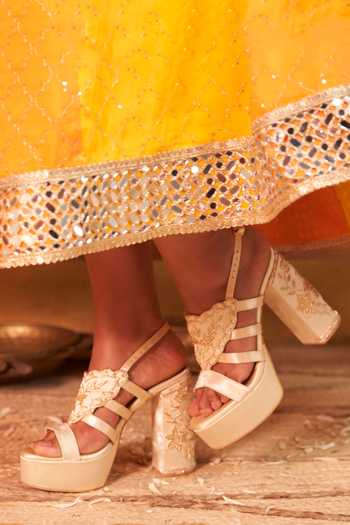 Shop_Tiesta_Gold Embroidery, Metallic Thread Platform Block Heels _at_Aza_Fashions