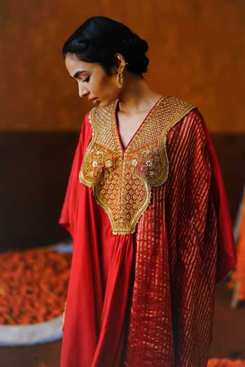 Shop_Alam By Tulsi Patel_Red Silk Embroidery, Gota Patti V-neck Gulab Yoke Kaftan And Pant Set _Online_at_Aza_Fashions