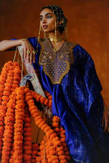 Shop_Alam By Tulsi Patel_Blue Silk Embroidery, Gota Patti V-neck Gulab Yoke Kaftan And Pant Set _at_Aza_Fashions