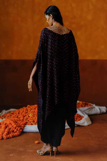 Shop_Alam By Tulsi Patel_Black Silk Embroidery, Tassels Mogra Bandhani Handwoven Kaftan And Dhoti Set _at_Aza_Fashions