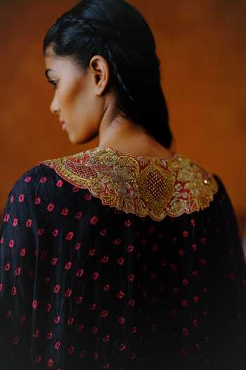 Alam By Tulsi Patel_Black Silk Embroidery, Tassels Mogra Bandhani Handwoven Kaftan And Dhoti Set _Online_at_Aza_Fashions