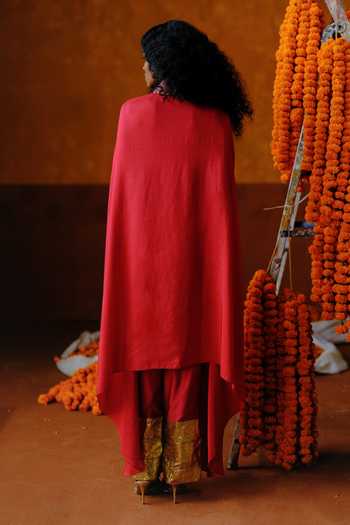 Shop_Alam By Tulsi Patel_Red Silk Gota Patti Collared Bela Hand Embroidered Cape And Pant Set _at_Aza_Fashions
