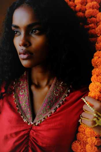 Shop_Alam By Tulsi Patel_Red Silk Gota Patti Collared Bela Hand Embroidered Cape And Pant Set _Online_at_Aza_Fashions