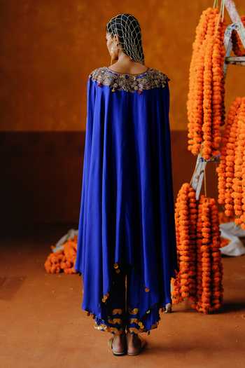Shop_Alam By Tulsi Patel_Blue Silk Gota Patti V-neck Kaneri Embroidered Cape And Pant Set _at_Aza_Fashions