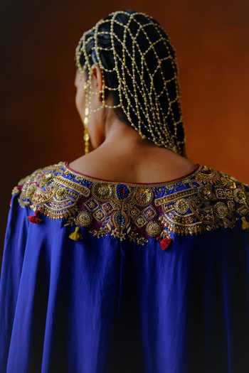 Buy_Alam By Tulsi Patel_Blue Silk Gota Patti V-neck Kaneri Embroidered Cape And Pant Set _Online_at_Aza_Fashions