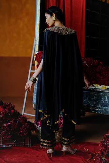 Shop_Alam By Tulsi Patel_Black Silk Embroidery, Zari, Gota Patti V-neck Kaneri Cape And Pant Set _at_Aza_Fashions