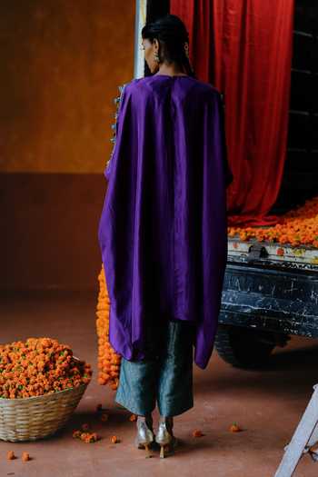 Shop_Alam By Tulsi Patel_Purple Silk Embroidery, Zari Round Neck Genda Tunic And Pant Set _at_Aza_Fashions