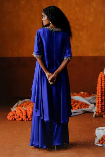 Shop_Alam By Tulsi Patel_Blue Silk Embroidery V-neck, Yes Chameli Handwoven Tunic And Dhoti Pant Set _at_Aza_Fashions