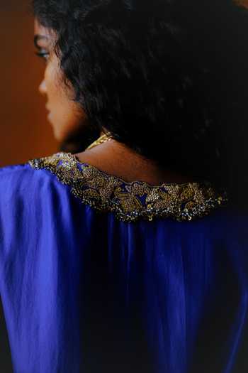 Shop_Alam By Tulsi Patel_Blue Silk Embroidery V-neck, Yes Chameli Handwoven Tunic And Dhoti Pant Set _Online_at_Aza_Fashions