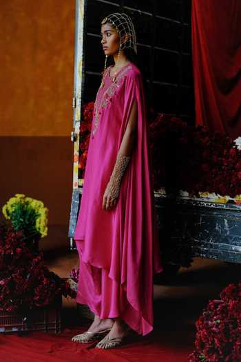 Buy_Alam By Tulsi Patel_Pink Silk Embroidery, Zari, Fabric Flowers Handwoven Kurta And Dhoti Pant Set _Online_at_Aza_Fashions