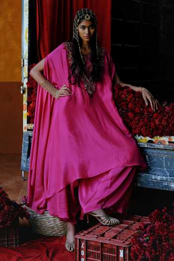 Shop_Alam By Tulsi Patel_Pink Silk Embroidery, Zari, Fabric Flowers Handwoven Kurta And Dhoti Pant Set _Online_at_Aza_Fashions