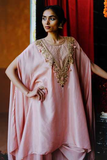 Alam By Tulsi Patel_Pink Silk Embroidery, Zari, Fabric Flowers Aprajita Tunic And Dhoti Pant Set _Online_at_Aza_Fashions