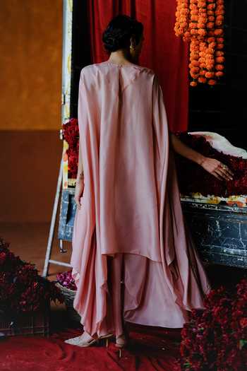Shop_Alam By Tulsi Patel_Pink Silk Embroidery, Zari, Fabric Flowers Aprajita Tunic And Dhoti Pant Set _at_Aza_Fashions
