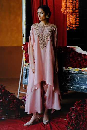 Buy_Alam By Tulsi Patel_Pink Silk Embroidery, Zari, Fabric Flowers Aprajita Tunic And Dhoti Pant Set _at_Aza_Fashions