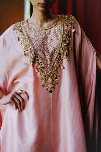 Buy_Alam By Tulsi Patel_Pink Silk Embroidery, Zari, Fabric Flowers Aprajita Tunic And Dhoti Pant Set _Online_at_Aza_Fashions