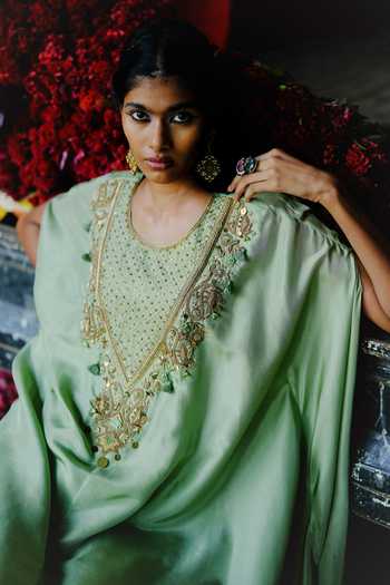Alam By Tulsi Patel_Mint Silk Embroidery, Fabric Flowers Aprajita Handwoven Tunic And Dhoti Pant Set _Online_at_Aza_Fashions