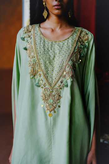 Buy_Alam By Tulsi Patel_Mint Silk Embroidery, Fabric Flowers Aprajita Handwoven Tunic And Dhoti Pant Set _Online_at_Aza_Fashions
