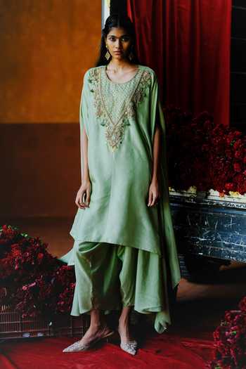Buy_Alam By Tulsi Patel_Mint Silk Embroidery, Fabric Flowers Aprajita Handwoven Tunic And Dhoti Pant Set _at_Aza_Fashions
