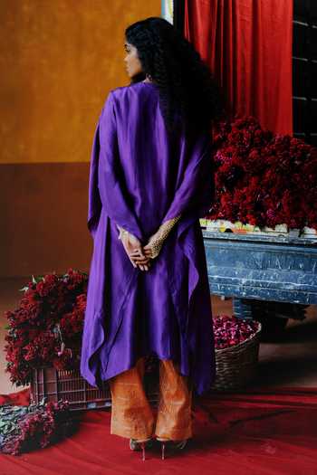 Shop_Alam By Tulsi Patel_Gold Silk Embroidery, Zari Round Neck Champa Yoke Handwoven Kaftan And Pant Set _at_Aza_Fashions