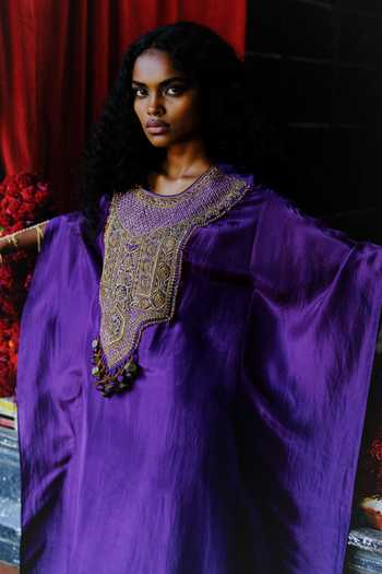 Shop_Alam By Tulsi Patel_Gold Silk Embroidery, Zari Round Neck Champa Yoke Handwoven Kaftan And Pant Set _Online_at_Aza_Fashions