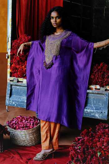 Alam By Tulsi Patel_Gold Silk Embroidery, Zari Round Neck Champa Yoke Handwoven Kaftan And Pant Set _at_Aza_Fashions