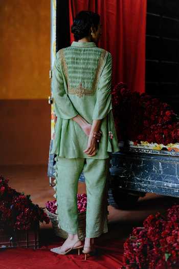 Shop_Alam By Tulsi Patel_Mint Silk Embroidery, Tassels Mandarin Soorajmukhi Handwoven Shirt And Pant Set _at_Aza_Fashions