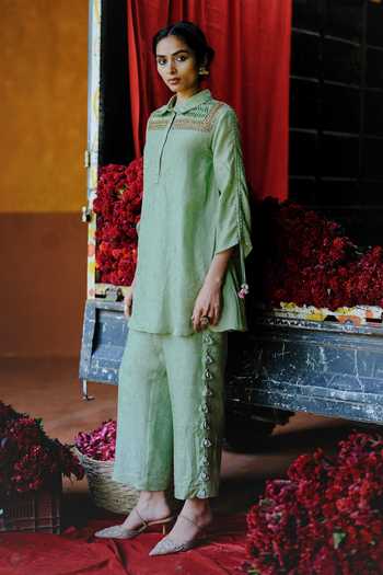 Buy_Alam By Tulsi Patel_Mint Silk Embroidery, Tassels Mandarin Soorajmukhi Handwoven Shirt And Pant Set _Online_at_Aza_Fashions