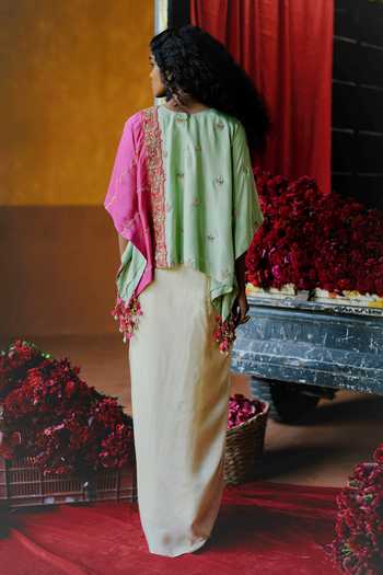 Shop_Alam By Tulsi Patel_Pink Silk Shiuli Floral Embroidered Cape And Draped Skirt Set _at_Aza_Fashions