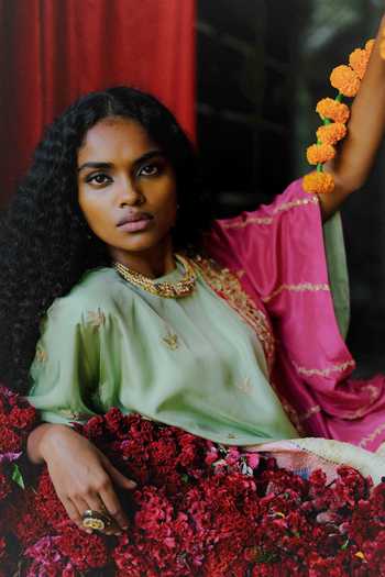 Alam By Tulsi Patel_Pink Silk Shiuli Floral Embroidered Cape And Draped Skirt Set _at_Aza_Fashions