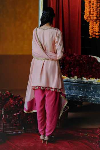 Shop_Alam By Tulsi Patel_Pink Silk Embroidery, Tassels Keyhole Neck Amaltas Yoke Kurta Dhoti Pant Set _at_Aza_Fashions