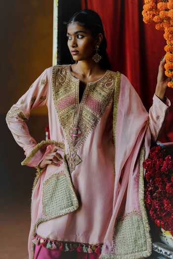 Buy_Alam By Tulsi Patel_Pink Silk Embroidery, Tassels Keyhole Neck Amaltas Yoke Kurta Dhoti Pant Set _Online_at_Aza_Fashions