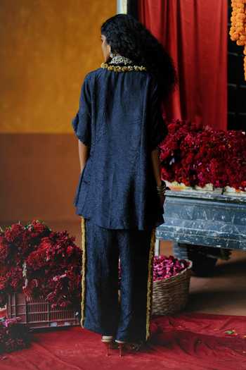Shop_Alam By Tulsi Patel_Black Silk Embroidery, Tassels Collared Kevra Crushed Top And Pant Set _at_Aza_Fashions