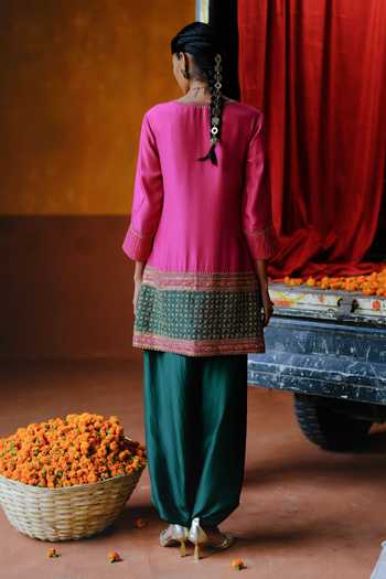 Shop_Alam By Tulsi Patel_Pink Silk Embroidery, Tassels Split Neelkamal Handwoven Tunic And Dhoti Pant Set _at_Aza_Fashions