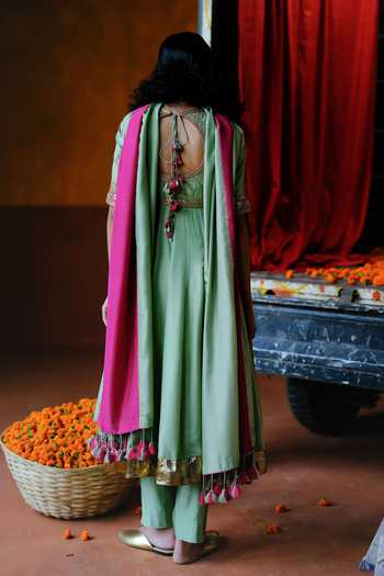 Shop_Alam By Tulsi Patel_Pink Silk Embroidery, Tassels Round Neck Jaui Patchwork Anarkali Set _at_Aza_Fashions