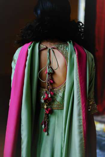 Shop_Alam By Tulsi Patel_Pink Silk Embroidery, Tassels Round Neck Jaui Patchwork Anarkali Set _Online_at_Aza_Fashions