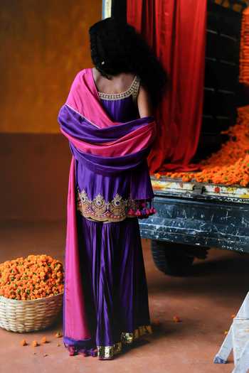 Shop_Alam By Tulsi Patel_Purple Silk Embroidery, Gota Patti, Zari Dahlia Handwoven Kurta Sharara Set _at_Aza_Fashions
