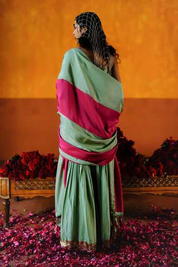Shop_Alam By Tulsi Patel_Gold Silk Embroidery, Zari, Gota Patti, Dahlia Handwoven Kurta Sharara Set _at_Aza_Fashions
