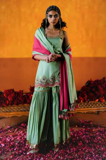 Shop_Alam By Tulsi Patel_Gold Silk Embroidery, Zari, Gota Patti, Dahlia Handwoven Kurta Sharara Set _Online_at_Aza_Fashions