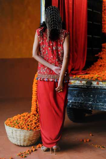 Shop_Alam By Tulsi Patel_Red Silk Embroidery, Tassels Scoop Neck Kanchan Jacket And Draped Skirt Set _at_Aza_Fashions
